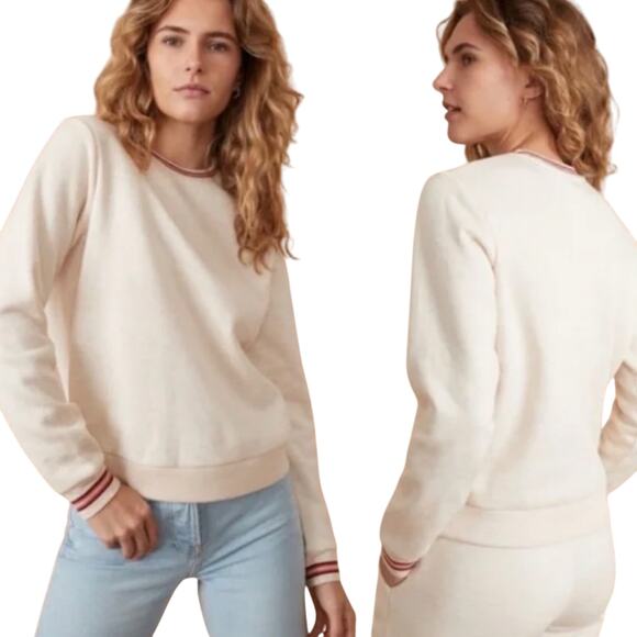 Marine Layer Anytime Crew Neck Ringer Sweatshirt Oatmeal Cream Maroon Womens XS - Picture 2 of 8